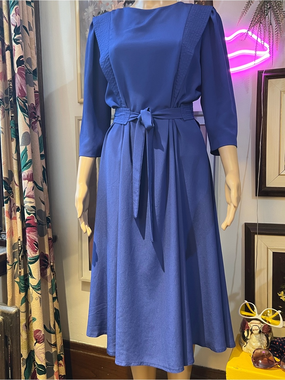 80s Vintage New Wave A-line Midi Dress w Tie Belt - Cobalt Blue